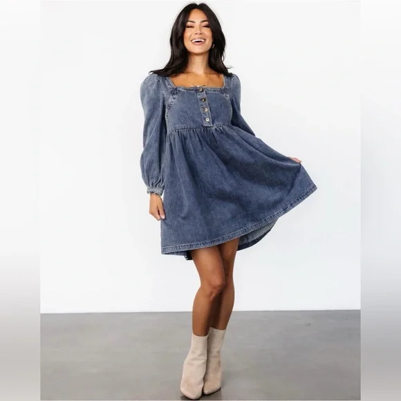 Baltic Born Gretchen Babydoll Long Sleeve Denim Mini Dress Size Large Western - Picture 1 of 11